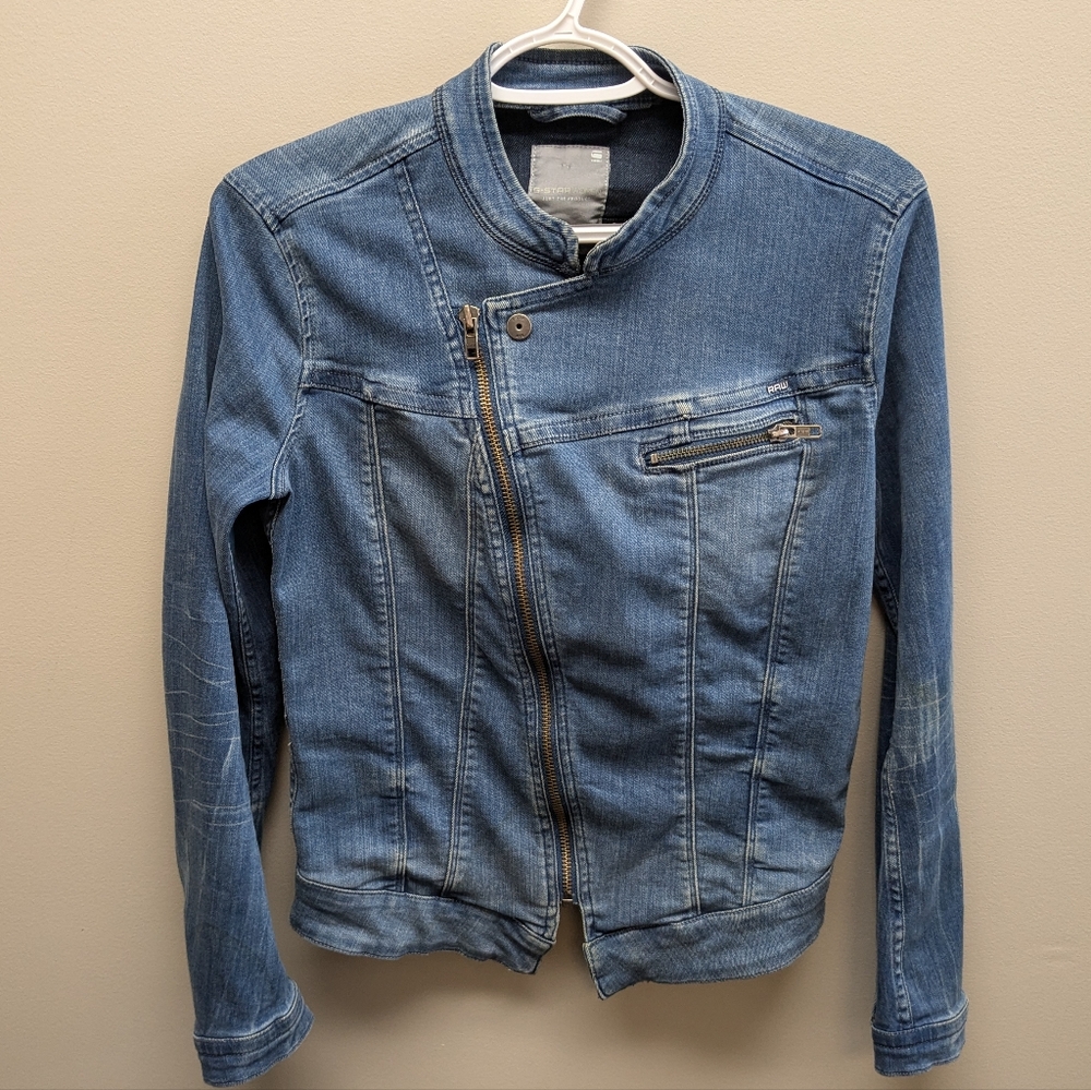 G-Star Raw Women's New Lynn Asymmetrical Blue Denim Jean Jacket Size Medium Moto